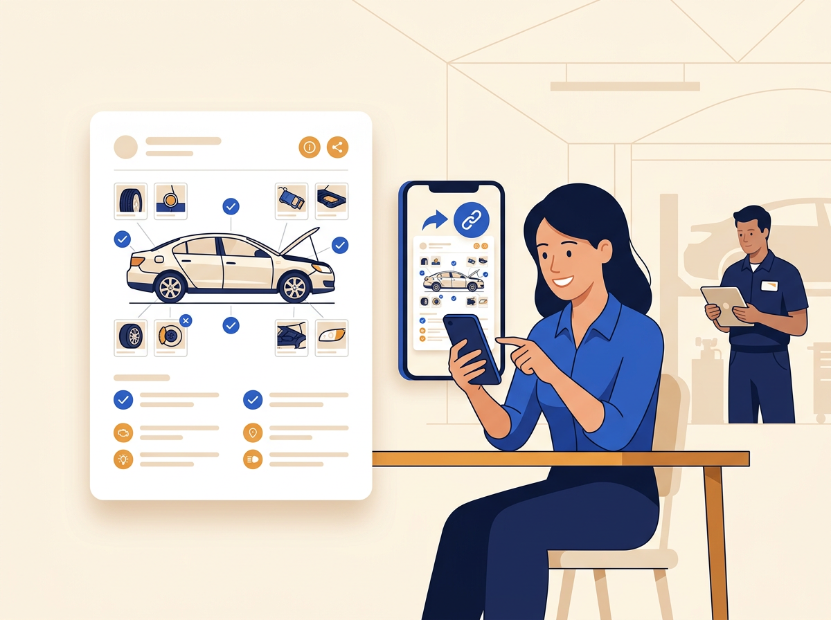 Klientė peržiūri automobilio patikros ataskaitą telefone