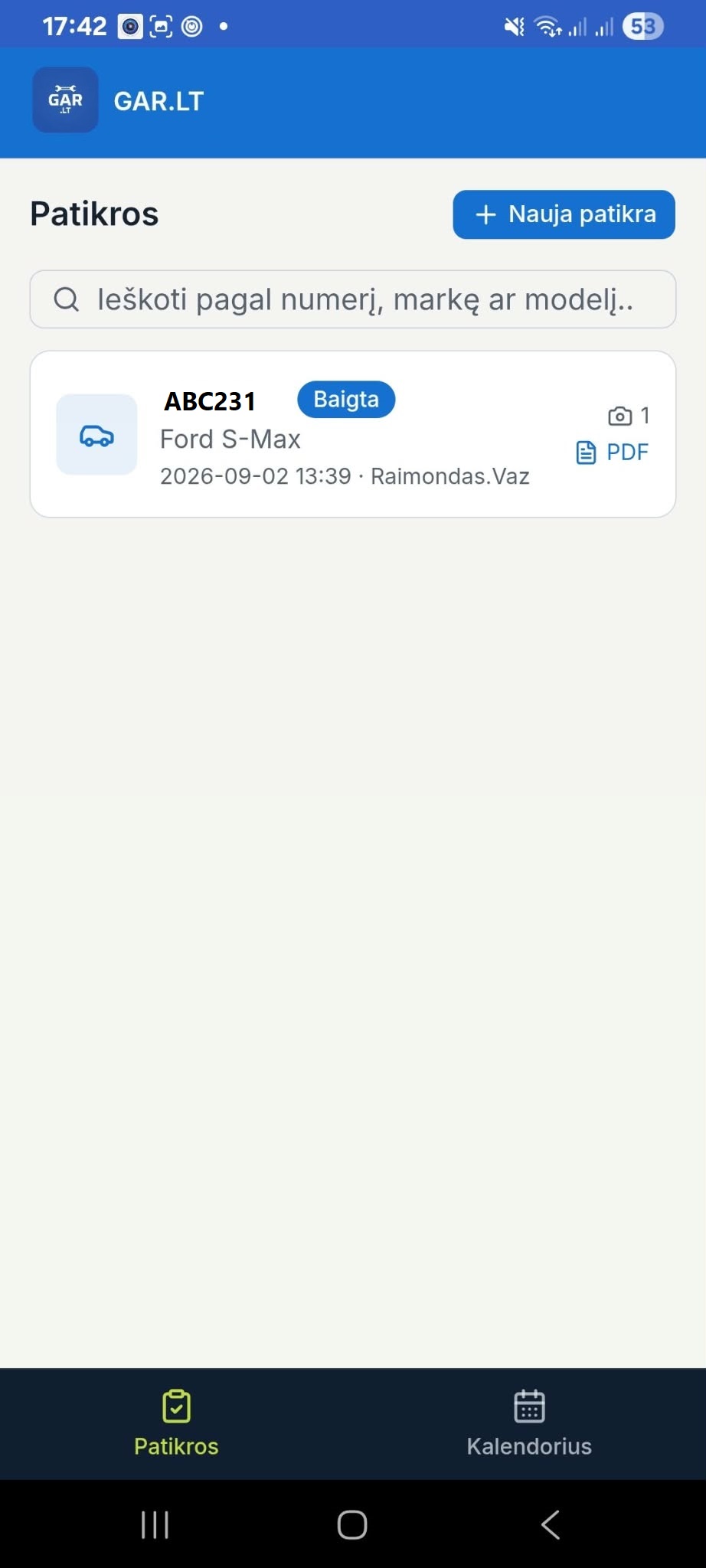 GAR.LT mobiliosios patikros ekranas su patikrų sąrašu telefonu